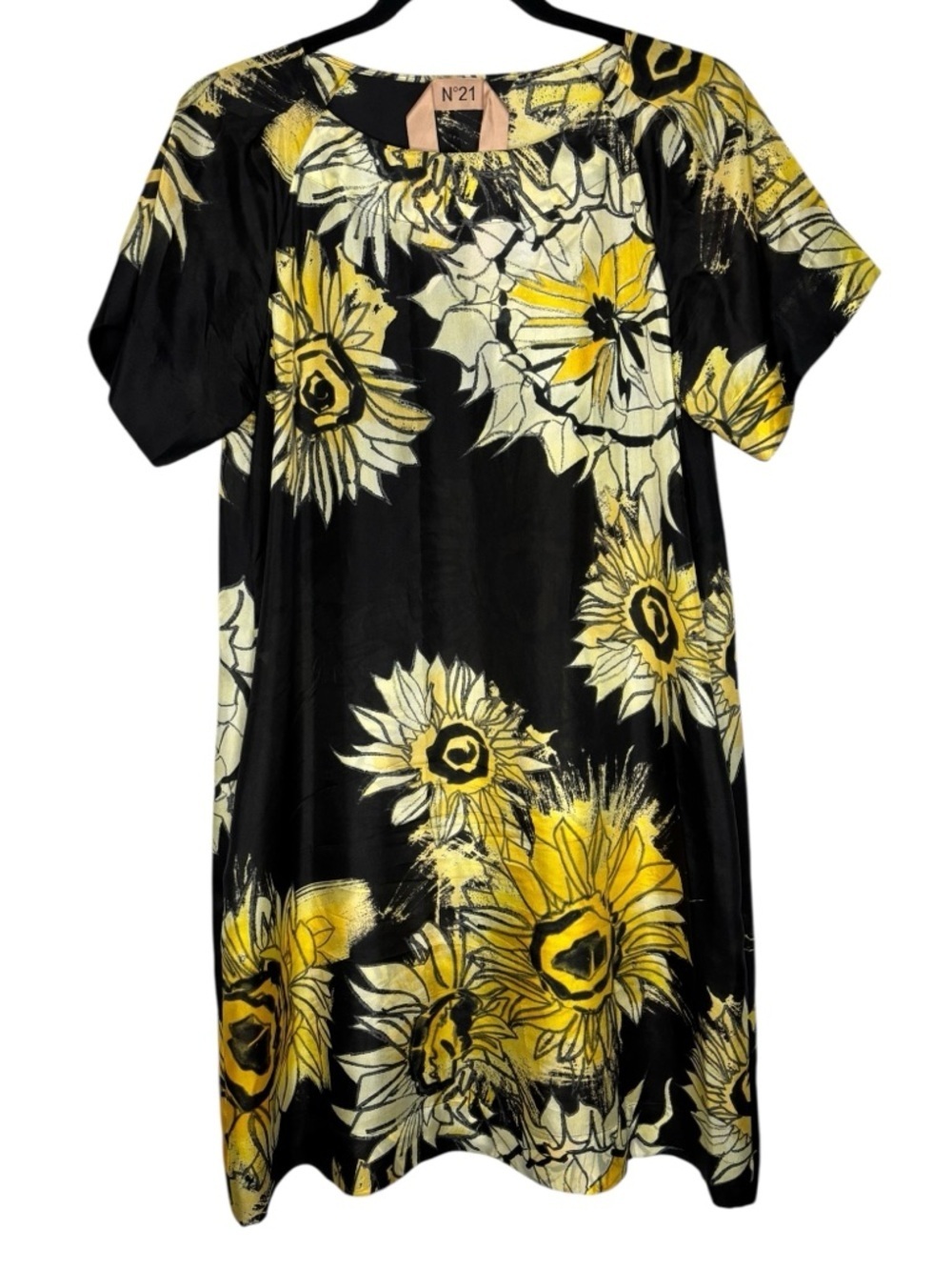No21 Silk Black Yellow Floral Sunflower MIDI Silk Dress SZ 42-Medium Semi-sheer